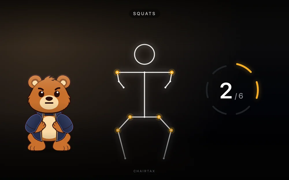The break screen: SQUATS, the stick figure drawn from the camera's view of your joints, Bearly, and a ring reading 2 of 6.